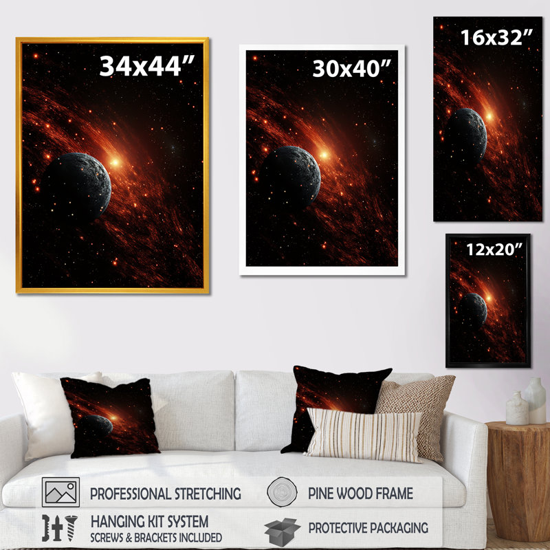 Art mural mural «Black Comets In Galaxy I», Cadre flottant doré, H 32 po x l 16 po x P 1 po