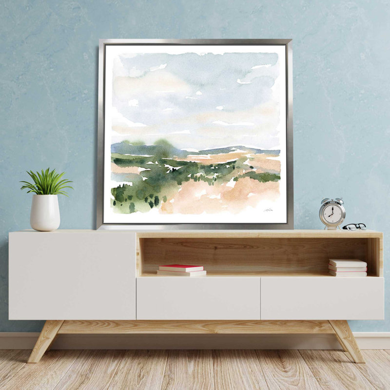 Paysage doux II - peinture, L 39,5 po x H 39,5 po, Encadrement argenté