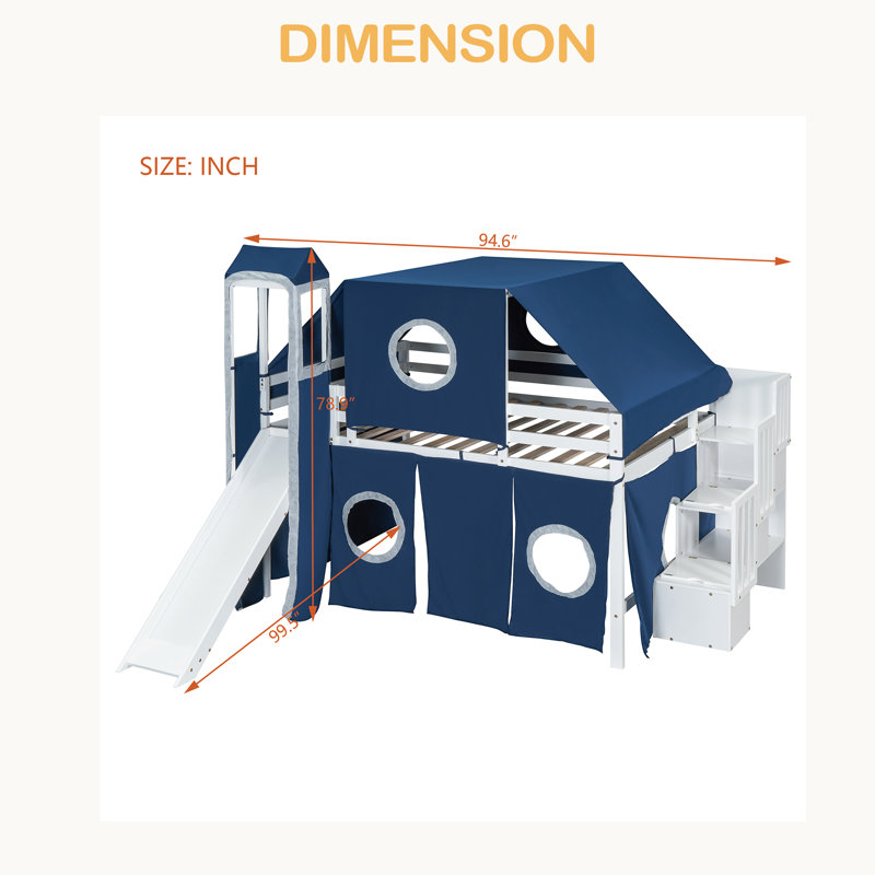 Lit mezzanine avec tente et tour, Bleu, Lit double