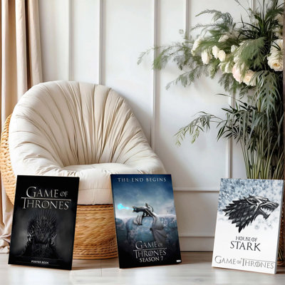 3PCS Wall Arts Posters Framed, Game of Thrones Decorative Canvas Prints Set of 3 Featuring Iron Throne Season 7 Dragon and House Stark Sigil Premium Wall Art for Living Room Bedroom Home Decor Fan Gift Officially Licensed HBO Merchandise