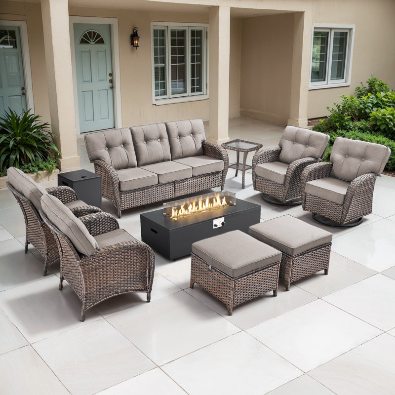 9-Piece Outdoor Garden Family Party Conversation Set With Fire Pit Table And Swivel Chairs, Gray