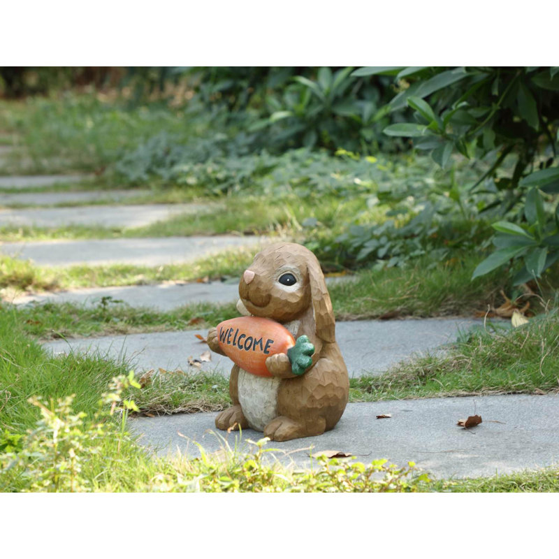Brown Polyresin Rabbit Holding Carrot Welcome Sign Statue