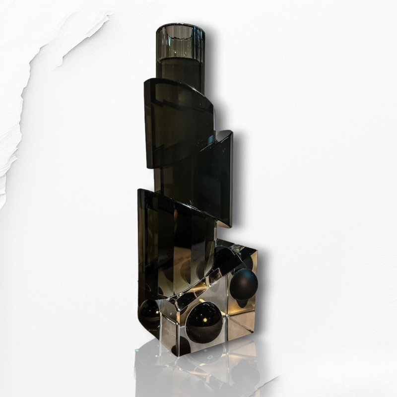 Abstract Dark Gray and Clear Crystal Handmade Candlestick