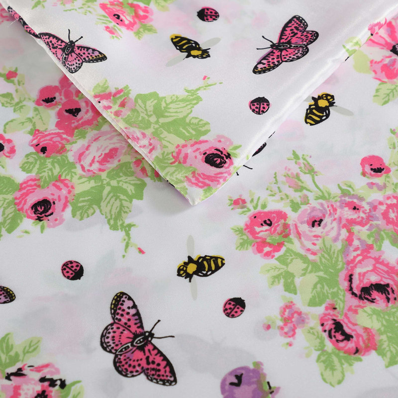 Betsey Johnson Soft Satin Sheet Set, Housse de couette très grand et 2 très grandes t, Rose / motif floral 2