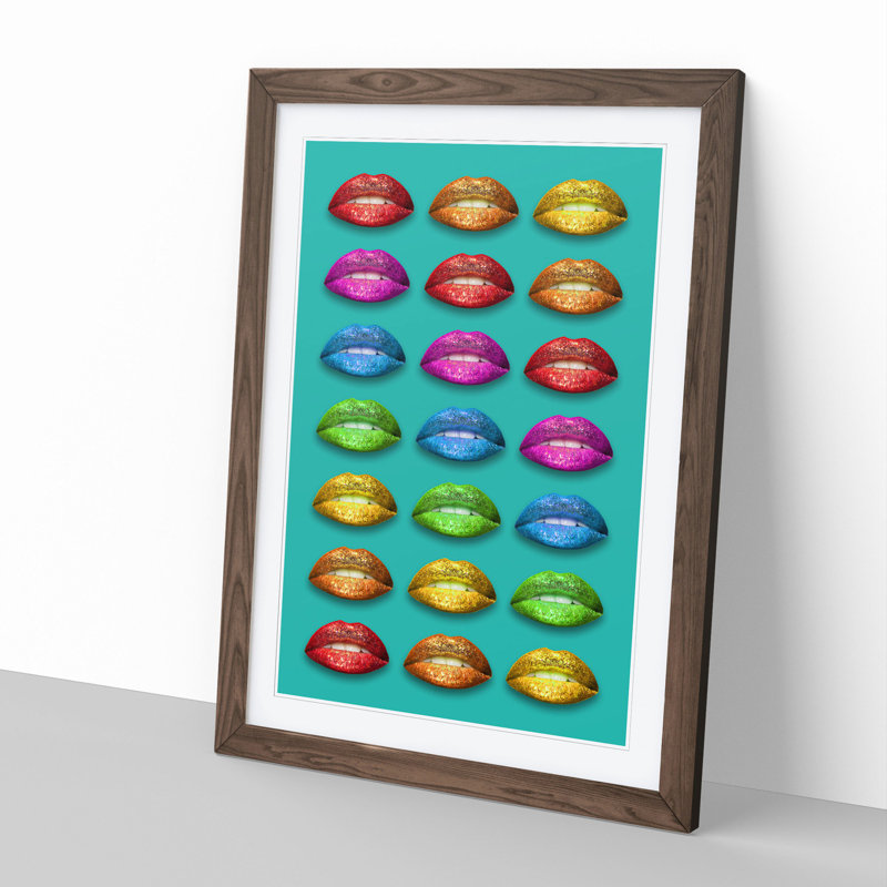 Rainbow Lips Teal 1 Piece Single Picture Frame Wall Art, 90cm H x 65cm W x 2cm D, Walnut Framed
