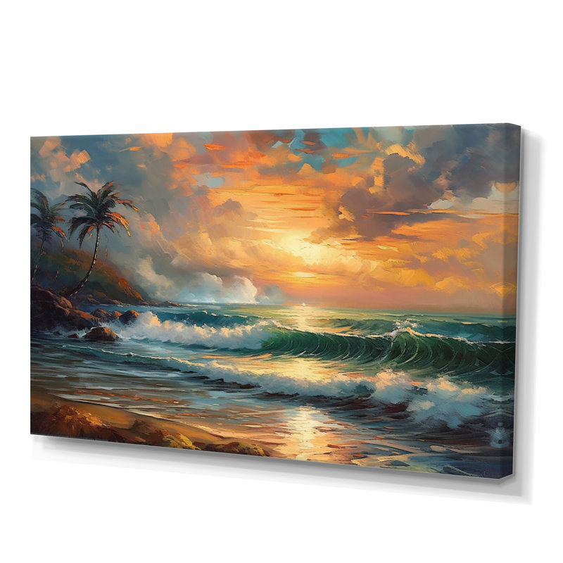Orange et vert bord de mer Serenity II - art mural plage, salon, H 30 po x l 40 po x P 1,5 po, Toile tendue