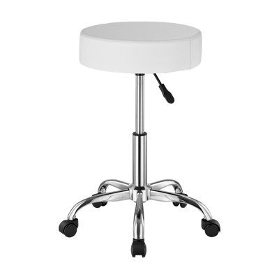 28"H Rolling Stool with Adjustable Height, White PU Leather.