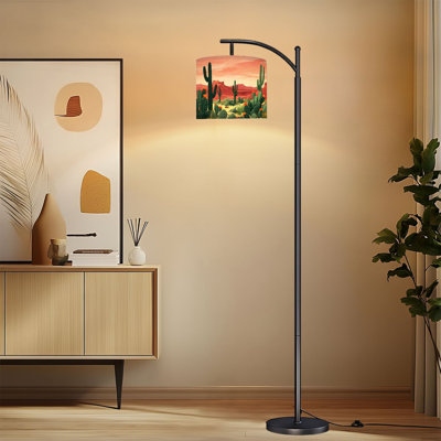 Arc Floor Lamp with Adjustable Lampshade Desert Landscape Vibrant Orange Flowers Sunset Western Standing Lamp 3 Colour Temperatures Dimmable Tall Pole Lamp with Foot Switch for Bedroom