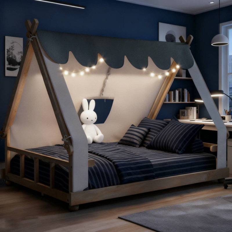 Lit de style maison basse avec lumières et rideaux, Complète, Beige