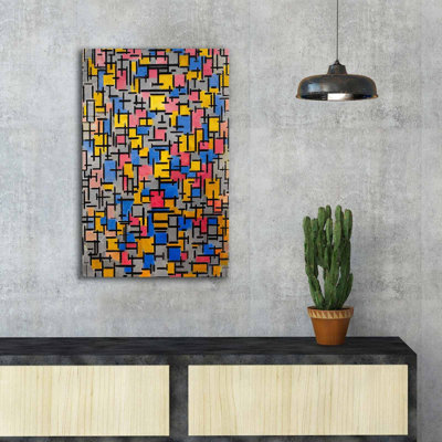 Superbe peinture sur toile décorative par Piet Mondrian (Composition 1916), 17,7 po x 27,6 po | 100% toile de daim, cadre avec cadre en bois à 100% (épaisseur: 1,2 po) | Parfait pour les amateurs d'art moderne et de décoration intérieure