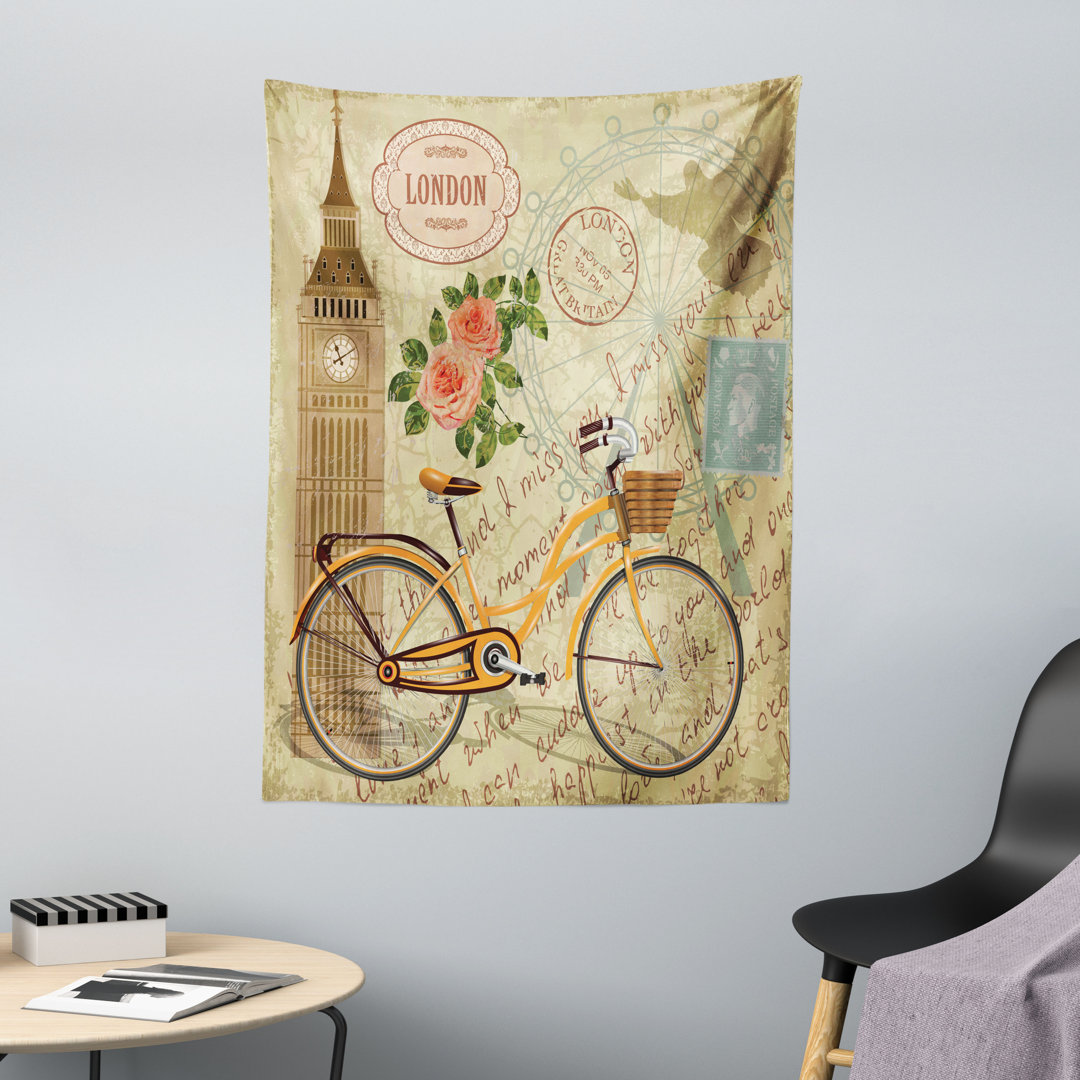 Wandteppich, Stamp Big Ben und Fahrrad, London, Sand Braun blasses Orange