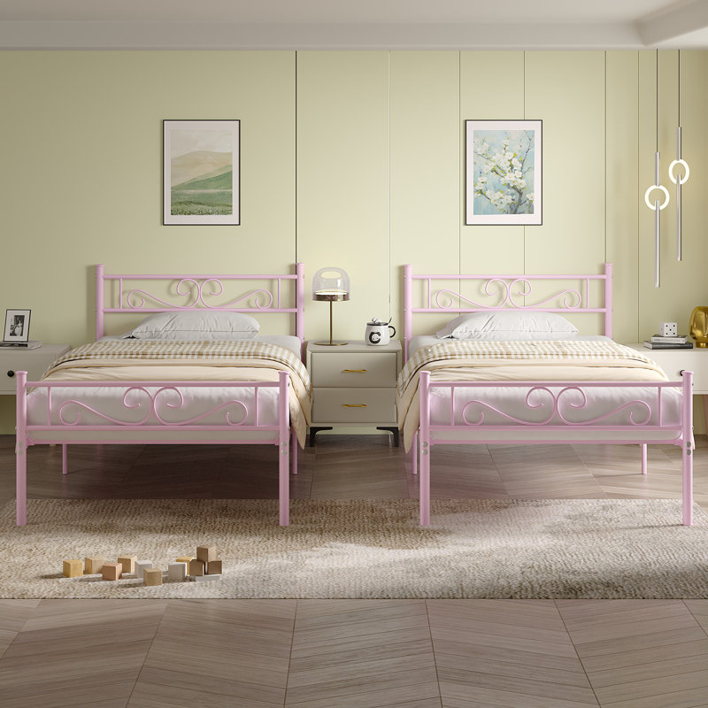 2 Set Bed Frame, 2 Pcs Twin Size Metal Platform Bedframe with Headboard & Footboard, Mattress Foundation with Steel Slat Support, Underbed Storage, No Box Spring Needed (Set of 2)
