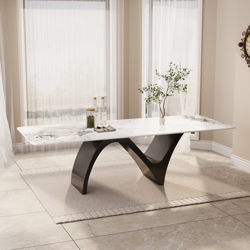 Modern Rectangular Dining Table, Glossy White Kitchen Table with Sintered Stone Table-top, N-Shaped Steel Legs, Black