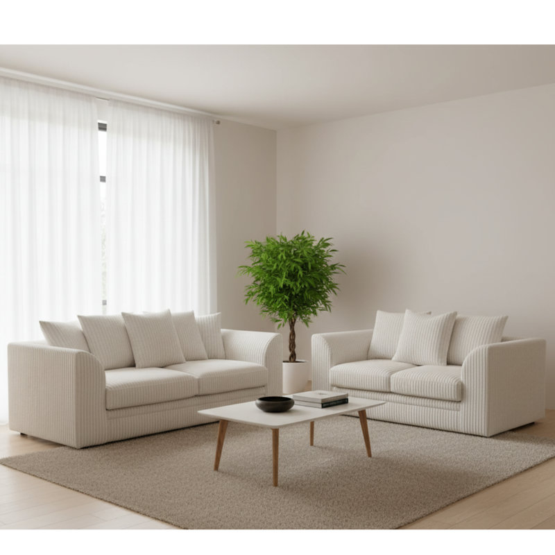 Duvert Two Piece Chenille Sofa Set – Fixed Back Cushions, Non-Slip Seating, Cream