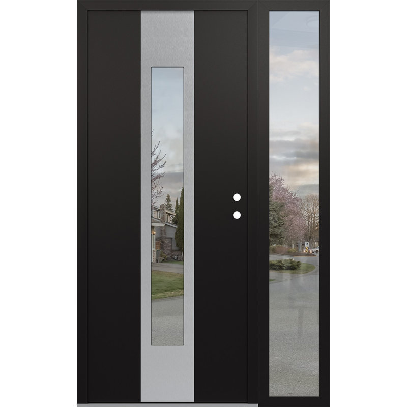 Porte d'entrée pré-suspendue en acier argenté avec panneau latéral droit Diamond A., L 48 po x H 80 po, Noir, Clair