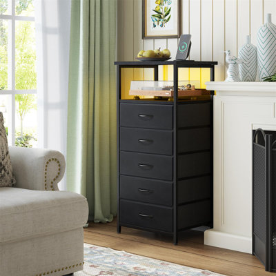 5-Drawer LED Dresser - Tall Charging Nightstand with Storage