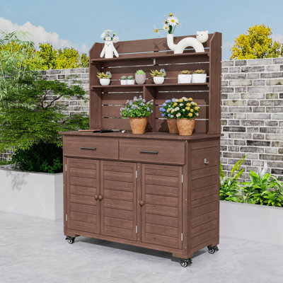 65" Garden Potting Bench with Hutch & Cabinets, Rolling Outdoor Kitchen Island and BBQ Prep Cart