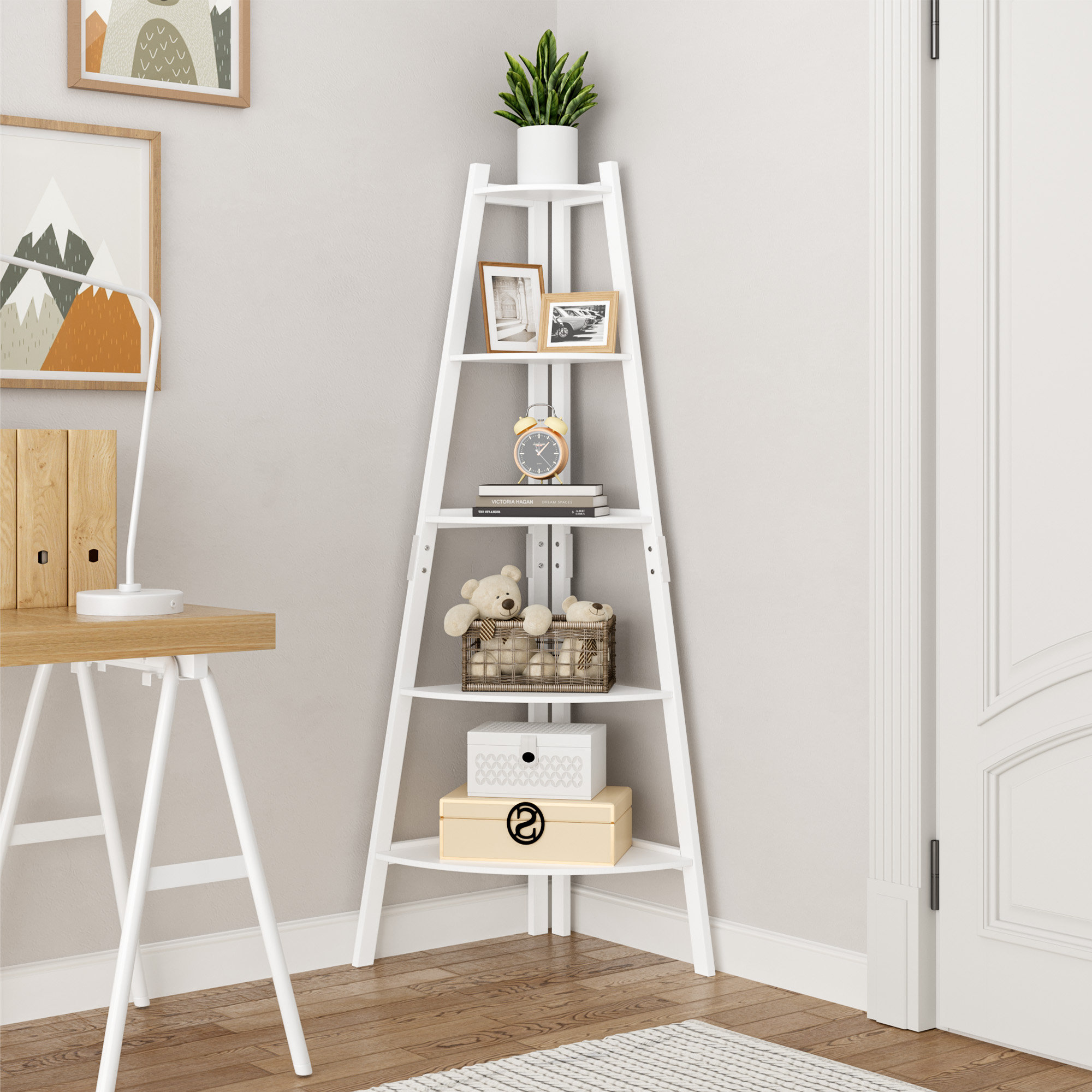 https://assets.wfcdn.com/im/89407407/compr-r85/2565/256558567/azariah-5-tier-iron-corner-shelf-freestanding-ladder-bookcase.jpg