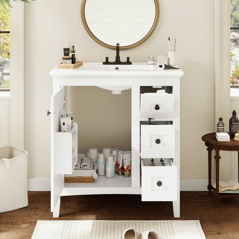 Meuble-lavabo de salle de bain avec lavabo en céramique et 3 tiroirs, Blanc