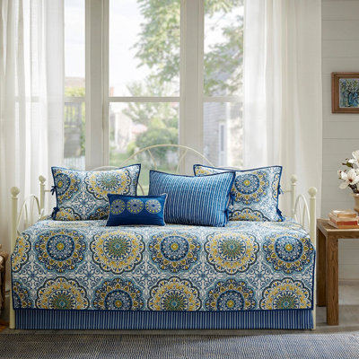 Housse de lit de jour réversible 6 pièces - bleu, avec grand imprimé en médaillon et revers rayé, pour matelas simple, housse, 1, 3 taies décoratives, coussin décoratif, lavable à la machine en bleu