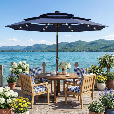 10ft Patio Umbrella with Solar LED Lights, 3-Tier Vented Canopy, Easy Crank & Tilt, 8 Sturdy Ribs, UV Protection for Deck, Pool, Garden