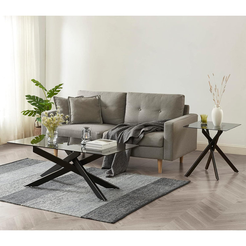 Modern Square Side Table - 20”Dx20”Wx22”H (Grey Tempered Glass Top & Black Metal Legs with Gold Rim), Black