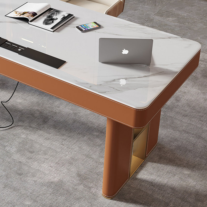 Bureau blanc / orange + fritté rectangulaire doré + bois manufacturé + bureau en acier inoxydable avec 2 tiroirs