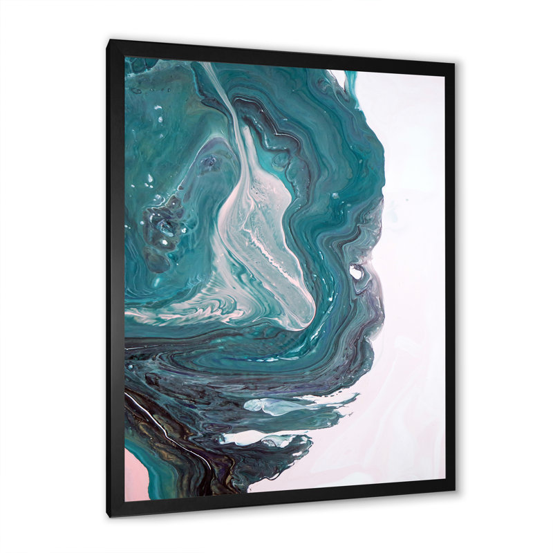 Liquide, turquoise, bleu et marbre blanc Art I - peinture sur toile, H 32 po x l 24 po, Toile avec cadre de coin noir fermé