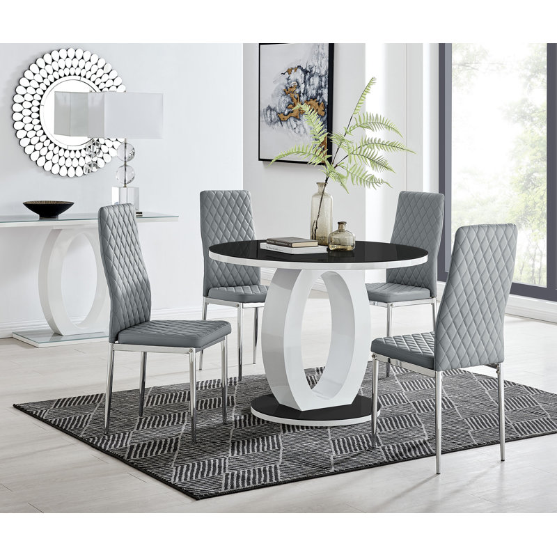 Scottsmoor 4 Seater High Gloss Round Dining Table Set with 4 Luxury Faux Leather Dining Chairs, Gray, Black/White