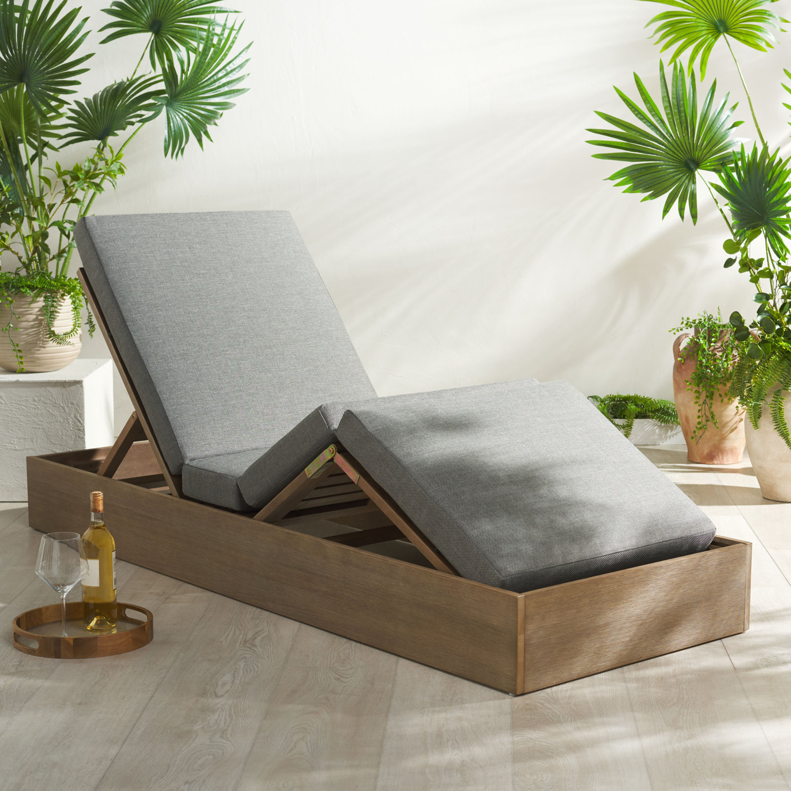 Fatima Wood Chaise Lounge Chair , Dark Gray
