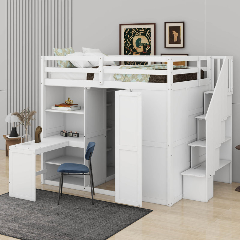 Full Size Loft Bed With Wardrobe,Desk And Shelves, White