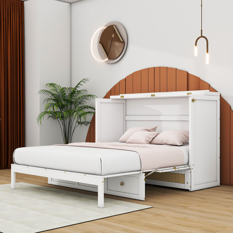 Wood Murphy Bed with Drawers, White, Queen
