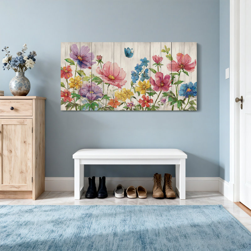Animaux, fleurs colorées sur fond en bois avec papillon, H 28 po x l 58 po