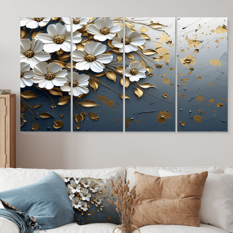 «White Gold Cornflowers Meadow Charm III», ensemble d'art mural sur toile, H 28 po x l 48 po