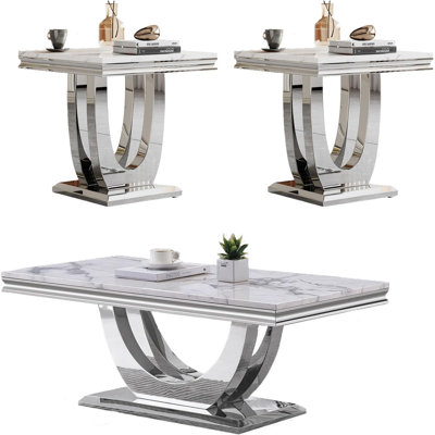 3 Pieces Coffee Table Set, White Faux Marble Coffee Table with 2 Square End Side Tables, Modern Living Room Table Set with Double U-Shape Stainless S by Everly Quinn