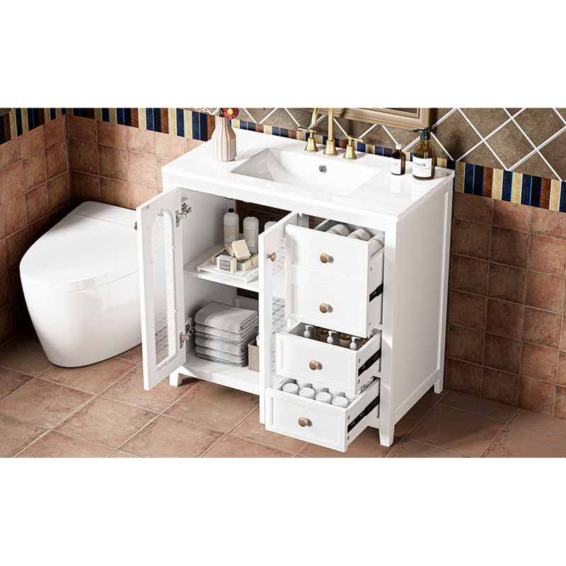 Meuble-lavabo de 35,42 po avec poignées dorées luxueuses, armoire à fermeture en douceur et évier protégé contre les débordements, lavabo en céramique facile à nettoyer, mécanisme de fermeture silencieuse, grand tiroir de rangement