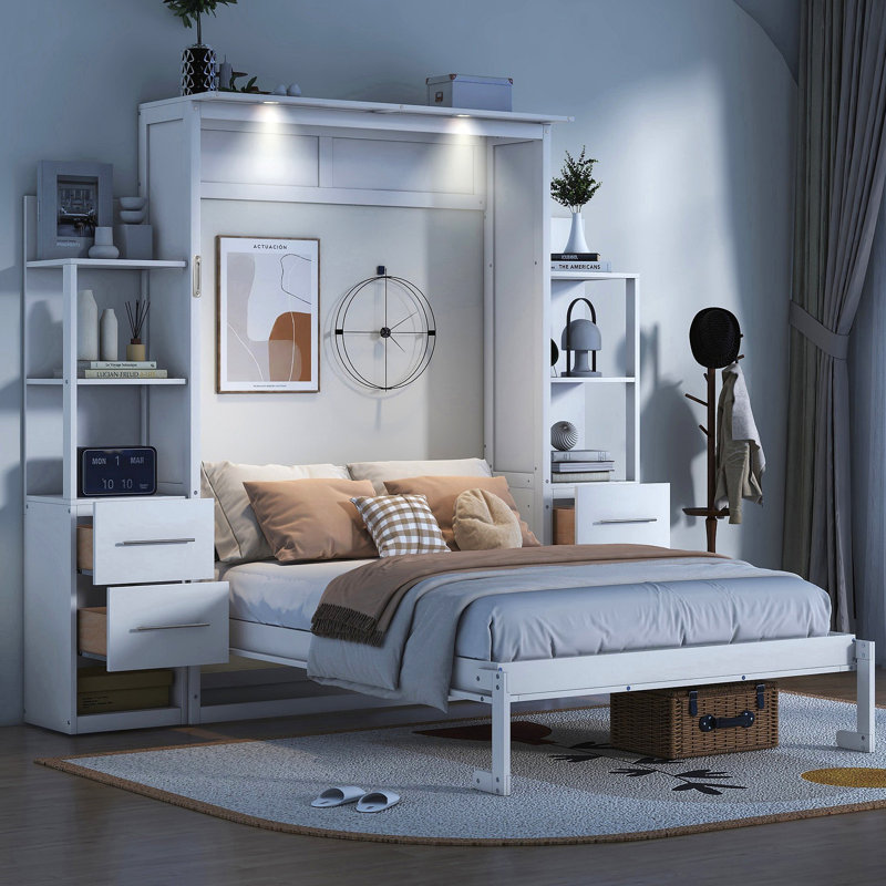 Murphy Bed Wall Bed With Shelves, Drawers And LED Lights, Lit double