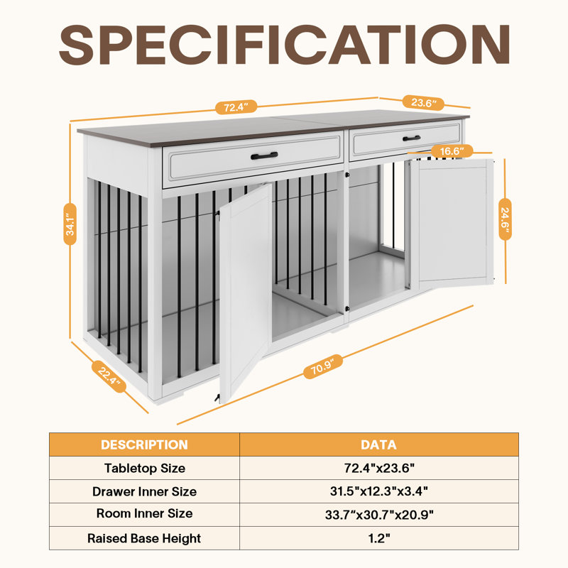 White Wooden Dog Crate with Room Divider and Drawers