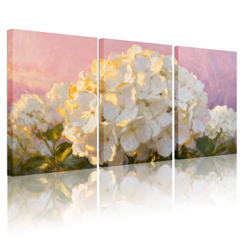 Hortensia fleurs blanches sur fond de ciel rose, ensemble de 3 impressions sur toile, H 18 po x l 36 po