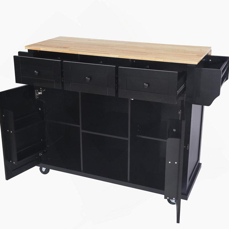 Chariot de cuisine avec comptoir à abattants en bois d'hévéa, supports de rangement internes pour porte d'armoire, Noir