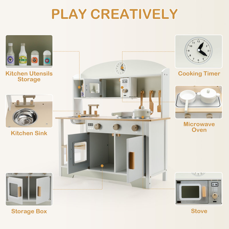 White and Gray Wooden Toddler Kitchen Playset with Accessories