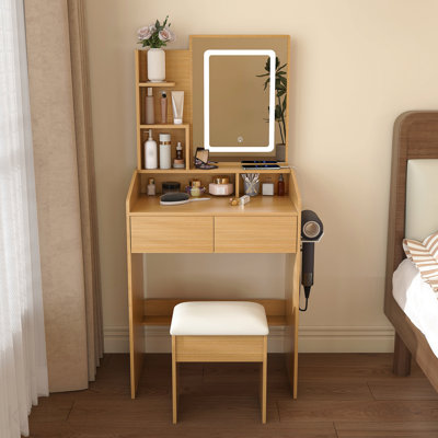 Table de coiffeuse avec miroir lumineux à DEL, prise de courant, porte-séchoir à cheveux et tabouret - coiffeuse compacte pour petites chambres (bois)