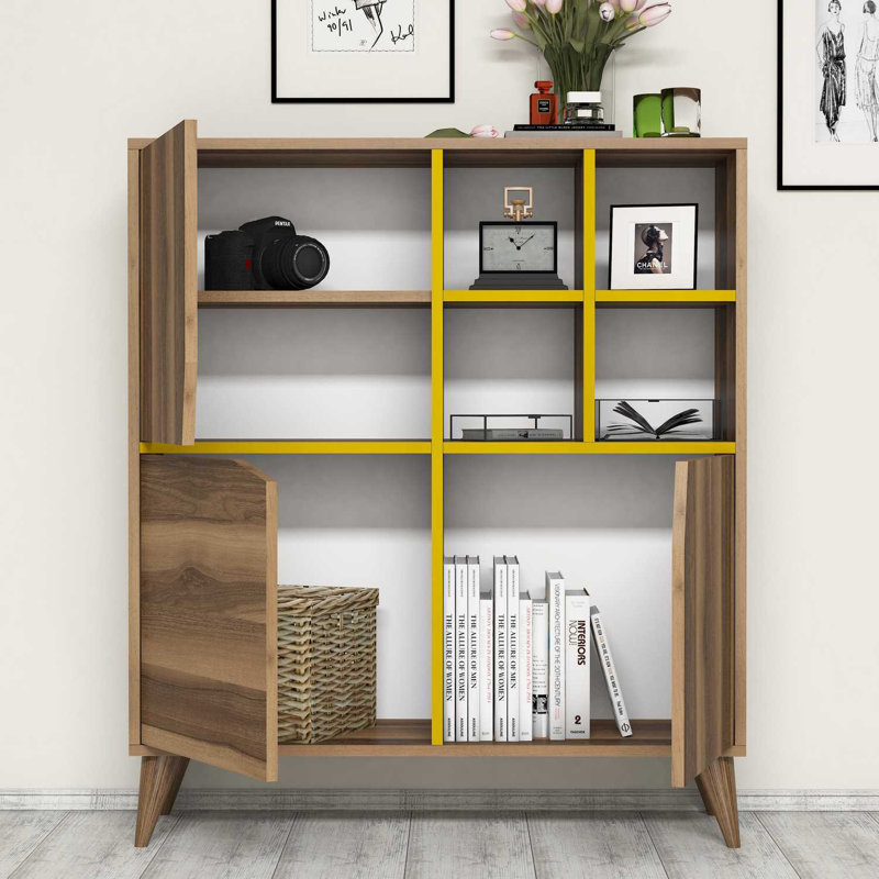 Stylish Multi-Purpose Cabinet, Walnut & Yellow, 39.4 x 45.3 x 11.8 inches | 100% Melamine Coated Particle Board, Thickness: 0.7 inches | Numerous Shelves, Wall-Mountable, Perfect for Modern Home or Office Décor