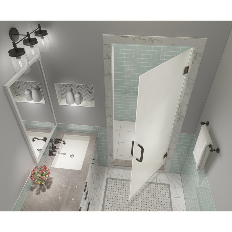 Kinkade XL 33.75" - 34.25" W x 80" H  Hinged Frameless Shower Door with Ultra-Bright Frosted Glass, Matte Black