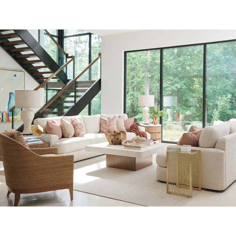 Sundrenched Tan and White Armchair with Wicker Square Arms