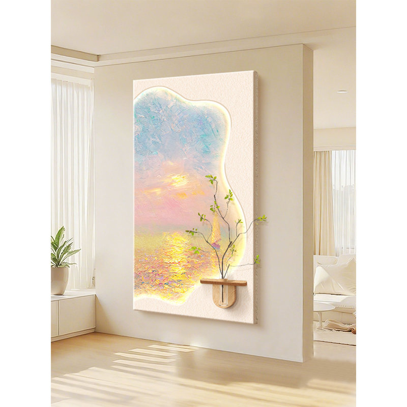Art mural crème crème au coucher du soleil: texture grès avec pot de fleurs, H 55,12 po x l 27,56 po x P 1,18 po