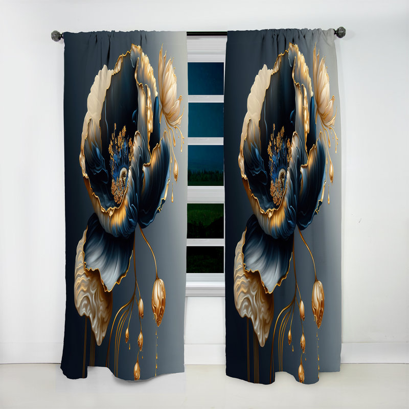 Rideau en velours floral - 1 panneau Deep Blue and Gold, L 52 po x L 108 po