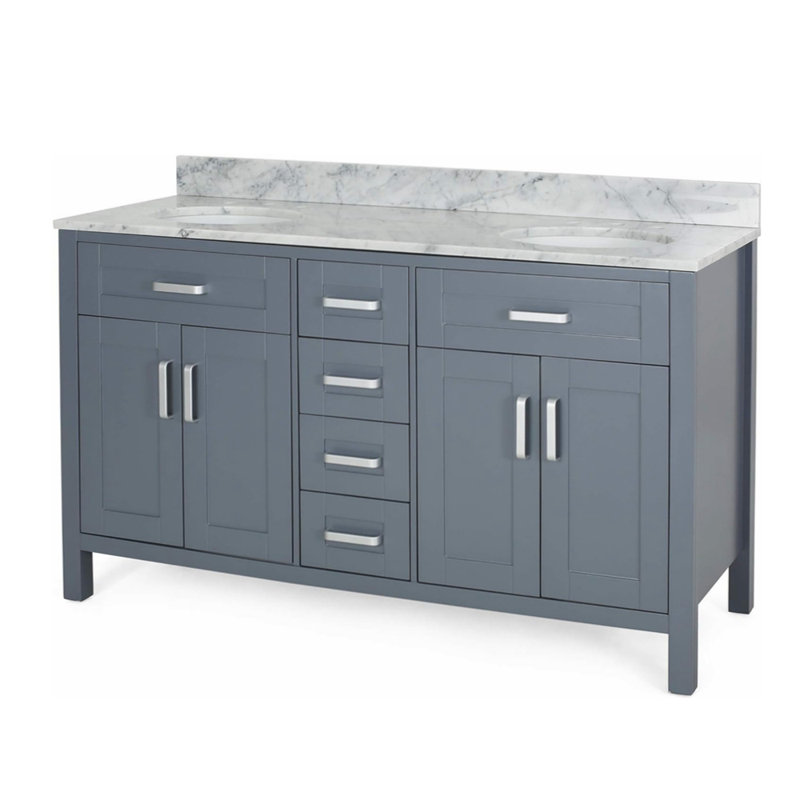 Meuble-lavabo de salle de bain avec comptoir en marbre et double lavabo en céramique, Gris