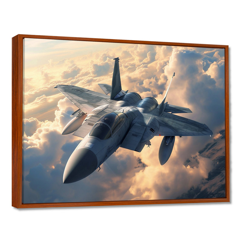 Avion de chasse en action au-dessus des nuages - salon d'art mural, H 30 po x l 40 po x P 1,5 po, Cadre flottant brun