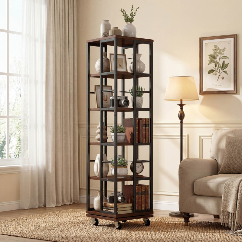 5-Tier Rotating Wood Corner Bookcase with 360-Degree Display, Rustic Brown Spinning Floor Shelf
